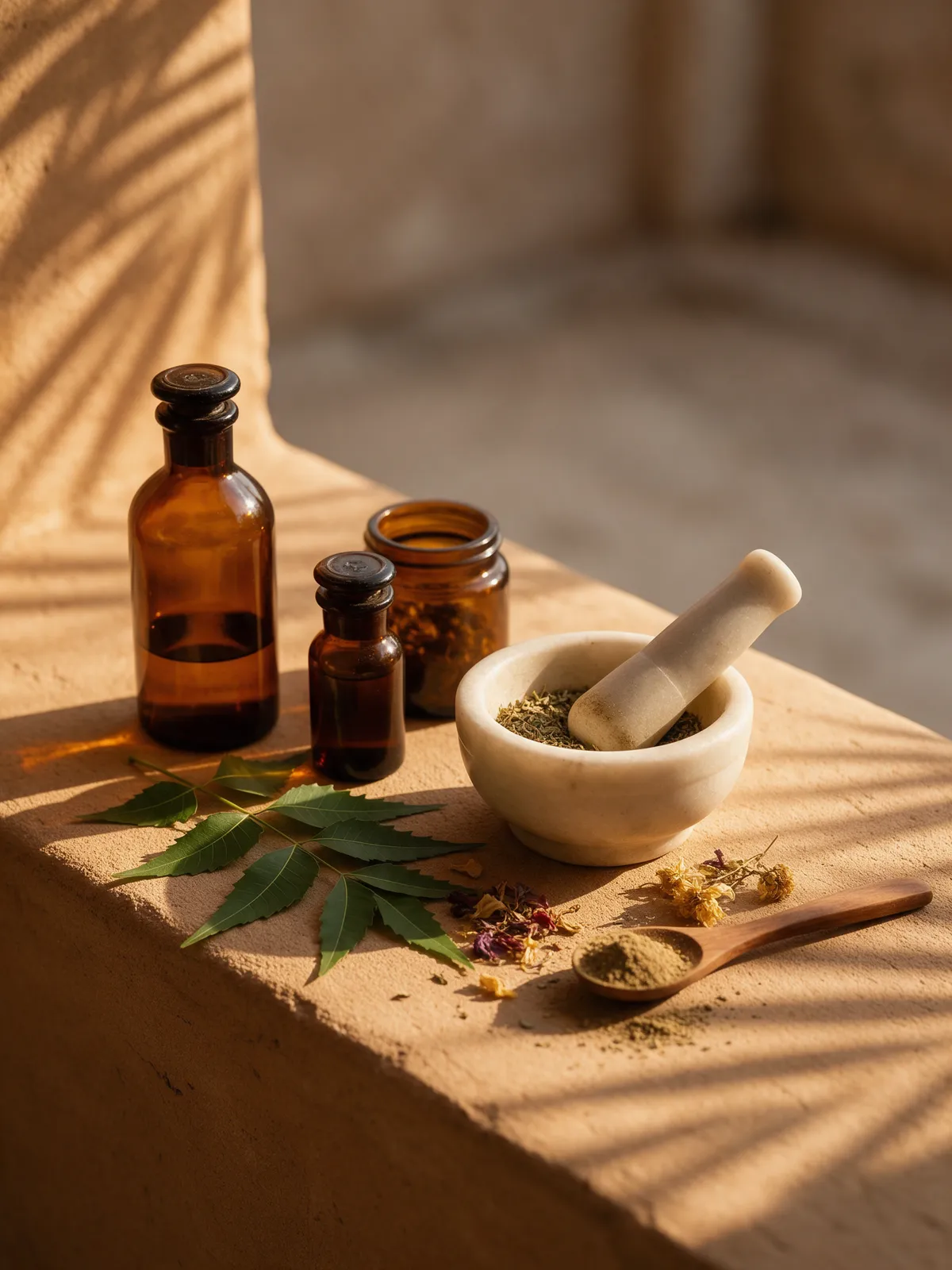 MAYI herbal remedies: amber bottles, a mortar and pestle and fresh herbs